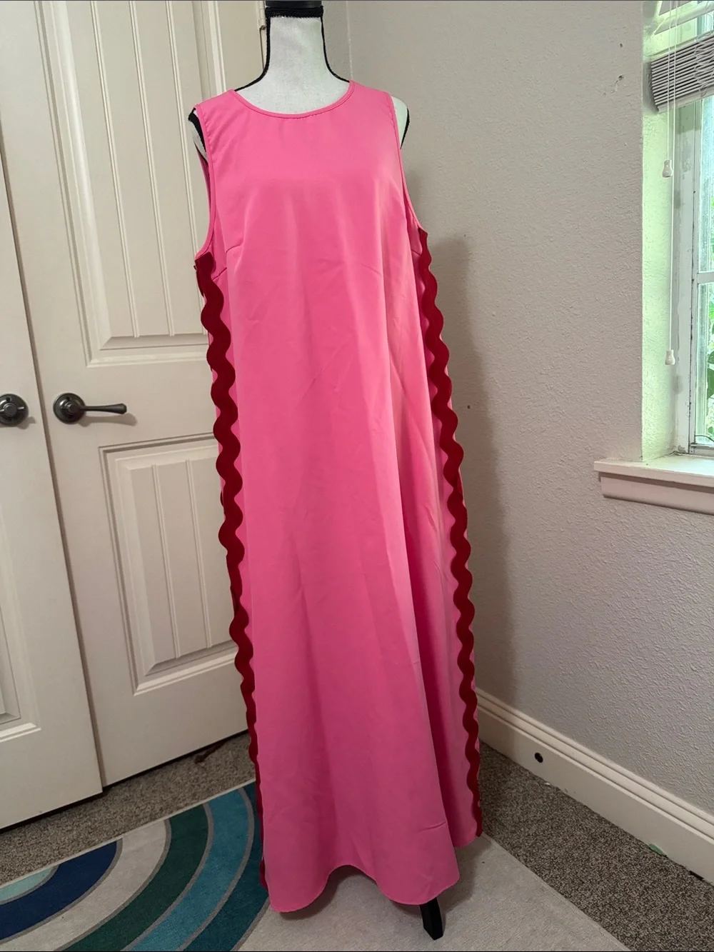 & Other Stories Pink Maxi Dress with Maroon Scalloped Trim - Picture 1 of 3